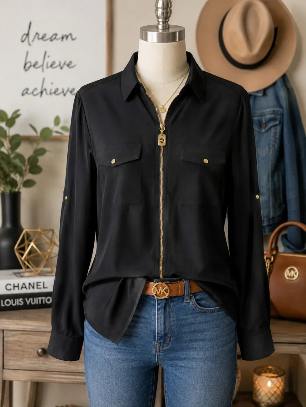 MICHAEL Michael Kors Black Gold Zip Utility Blouse M